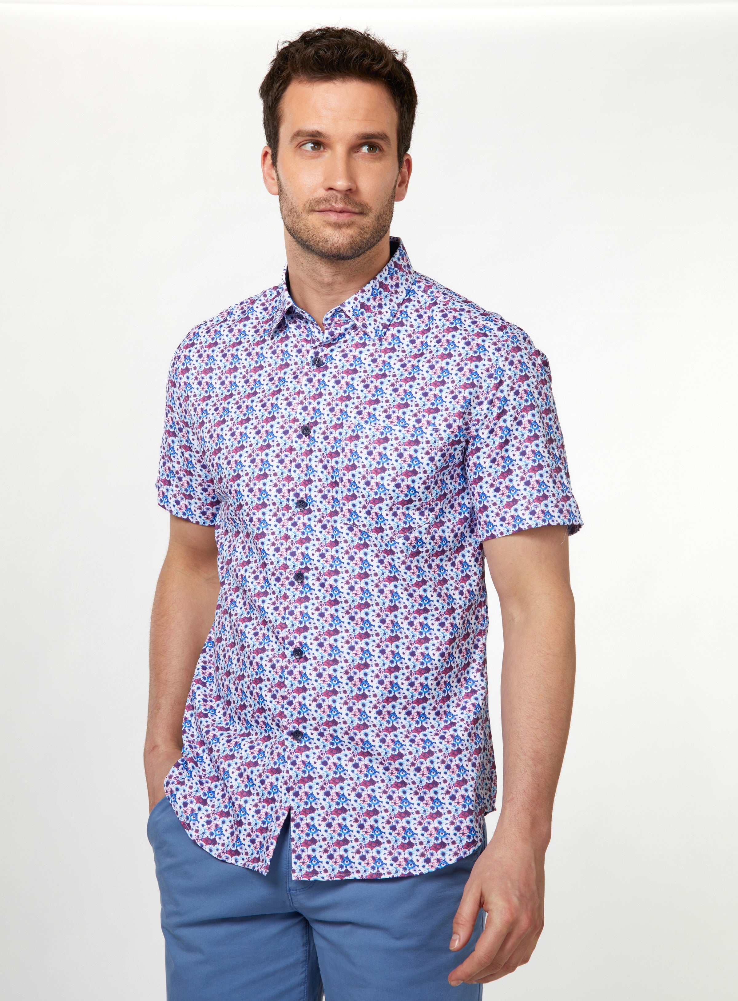 Purple and Blue Flowers Print Short Sleeve Shirt for men - Marco Ferre