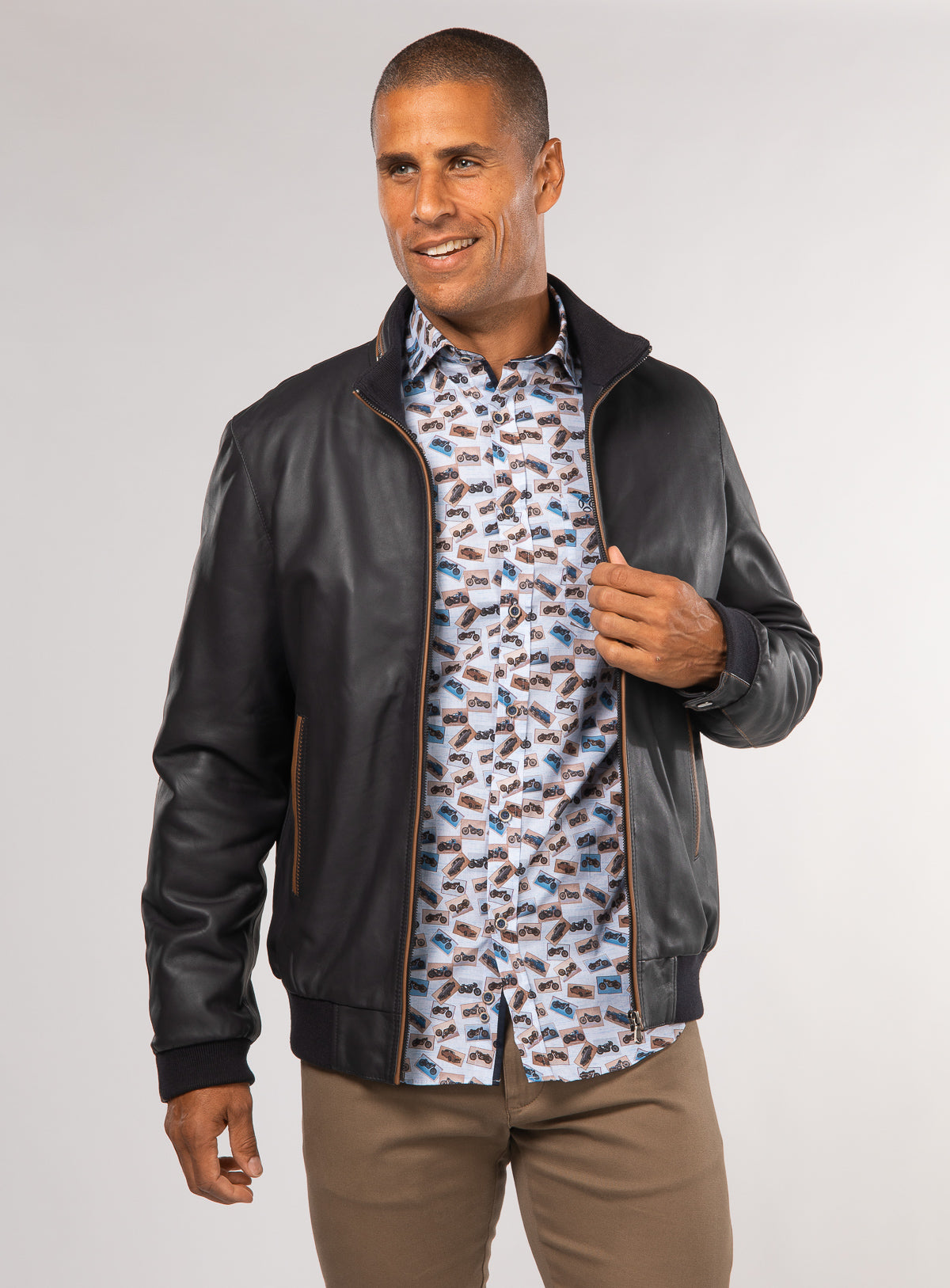 Navy leather 2025 bomber jacket mens